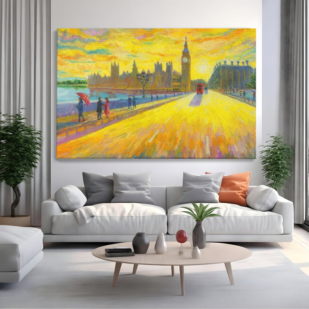 Tablou canvas cu tablou canvas cu londra si big ben, fara rama, pe sasiu de lemn, pe perete intr-un living
